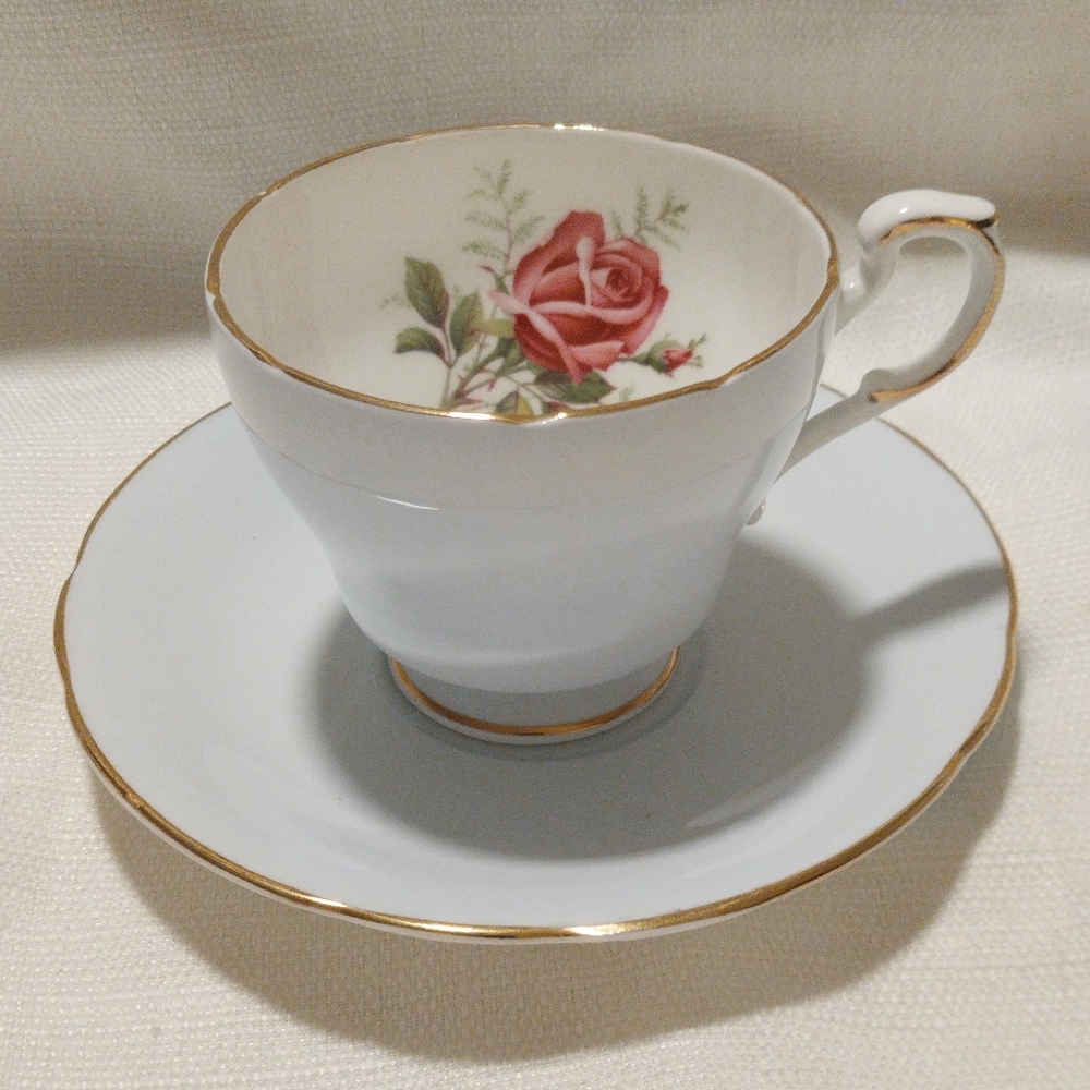 Paragon Vintage 1950s Baby Blue Gold Gilde Teacup and Saucer w/Rose Design
